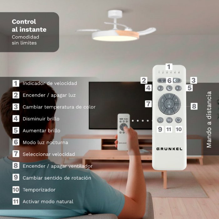 Grunkel SKYDUAL42 Ventilador de Techo Blanco y Madera, 106 cm, 4 Aspas, 6 Velocidades